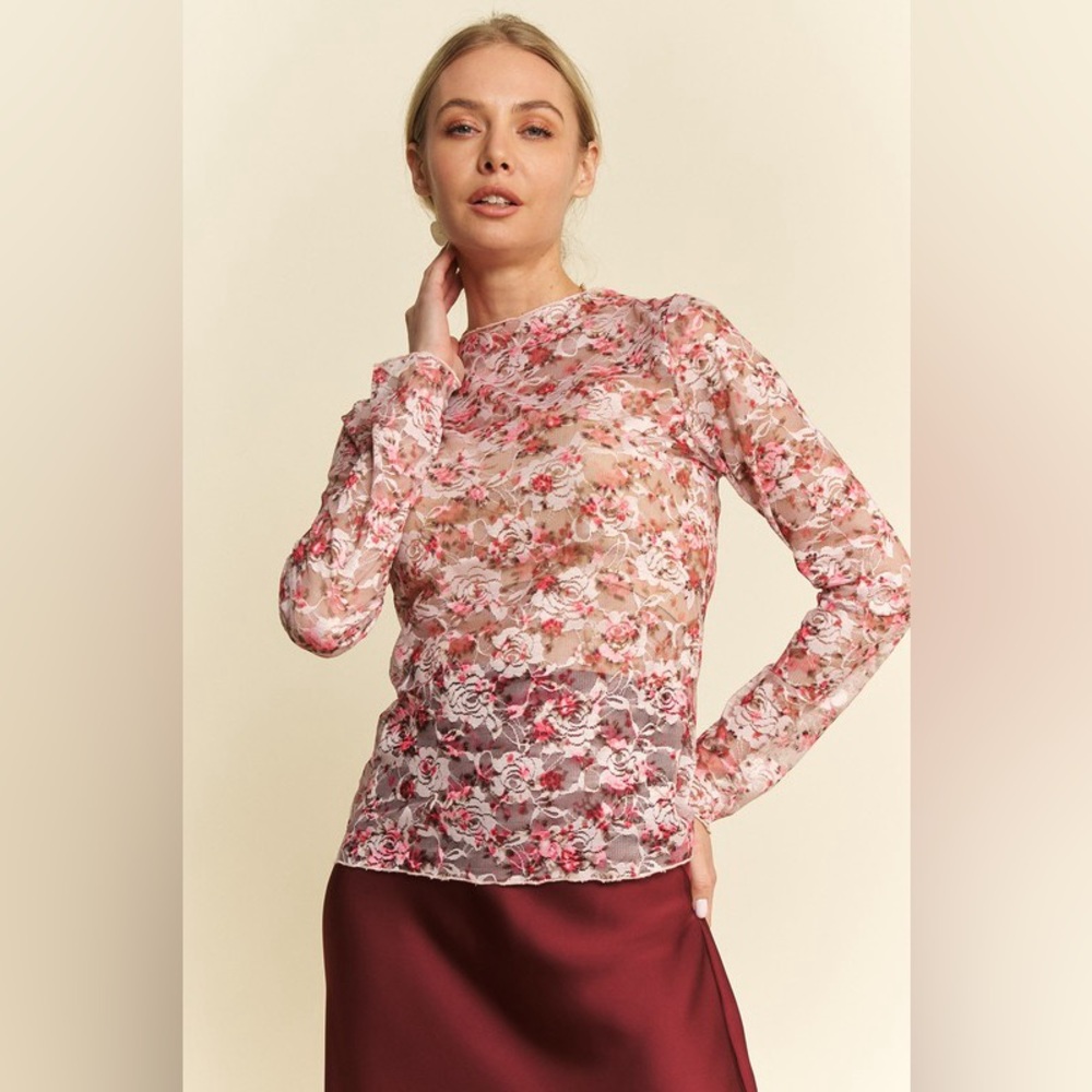 🟠292B. Pink Floral Lace Mesh Sheer Top